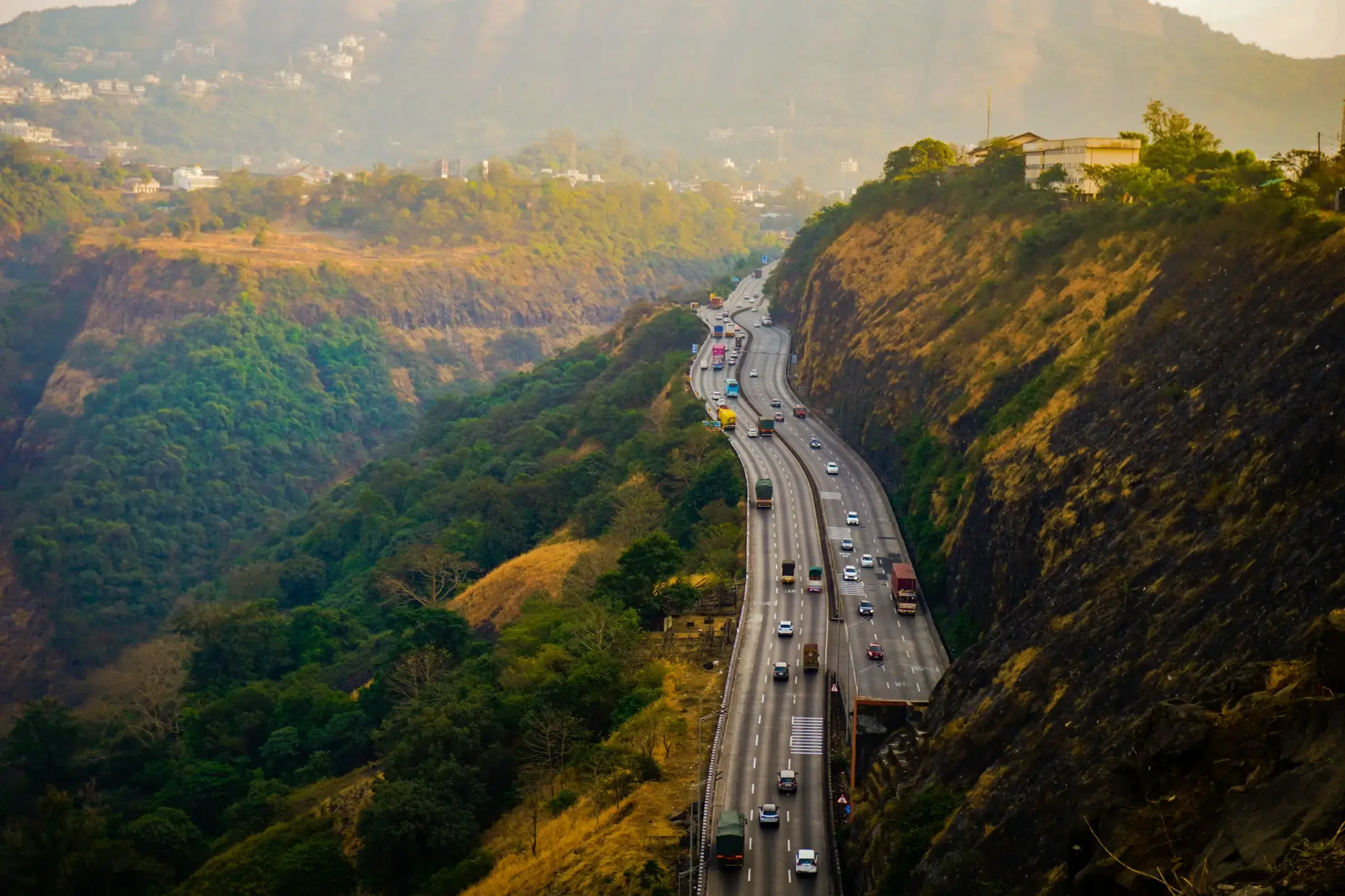 The expressway from Mumbai to Pune winding through the hills at Lonavala