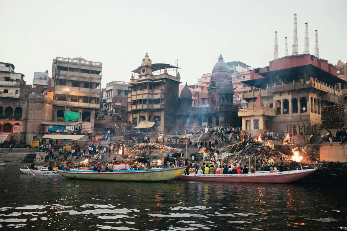 Boats on the Ganga beside the ghats of Varanasi
